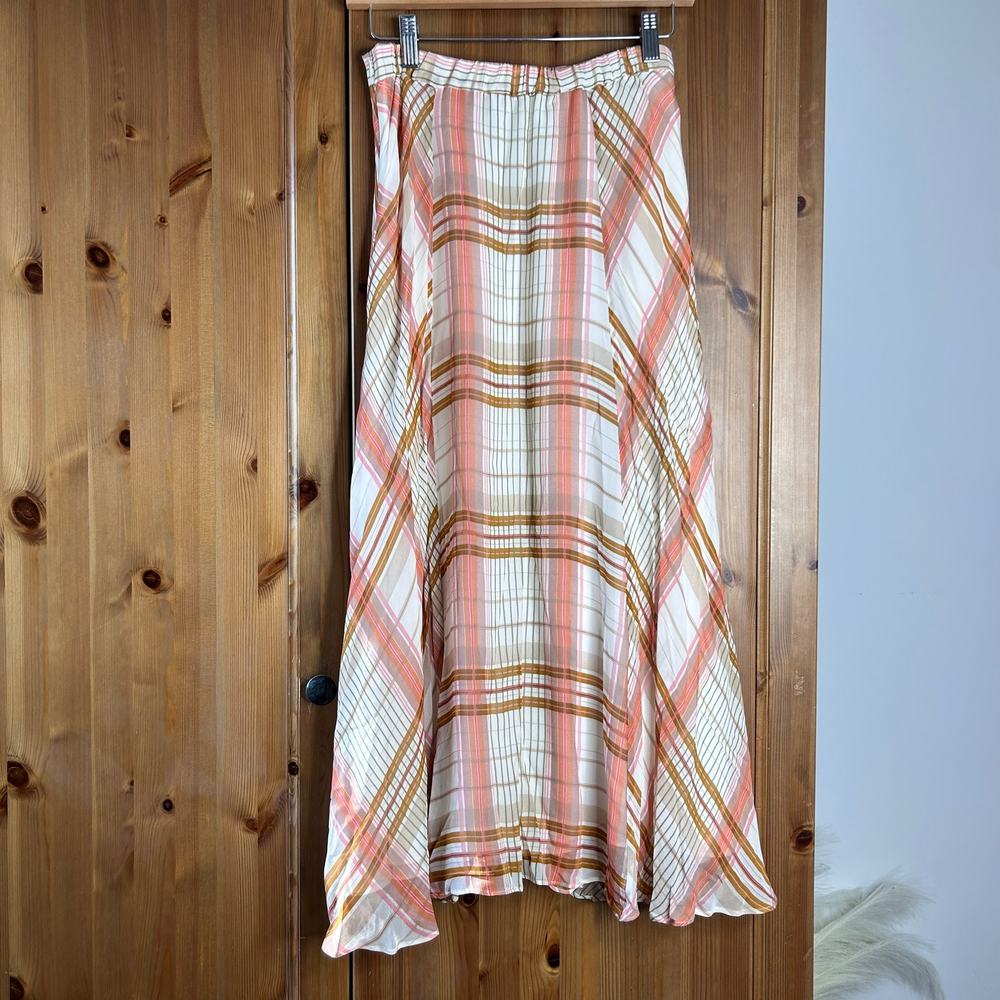 Massimo Dutti Plaid Midi Skirt in Cream and Rust, Size 6